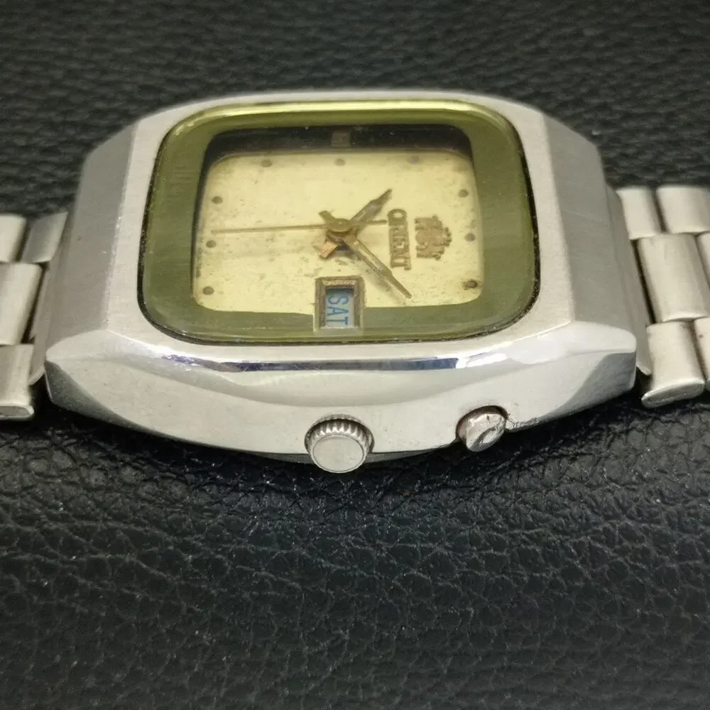Vintage 1984 Square Orient Automatic Mens Silver Watch W/daydate & Gold accents
